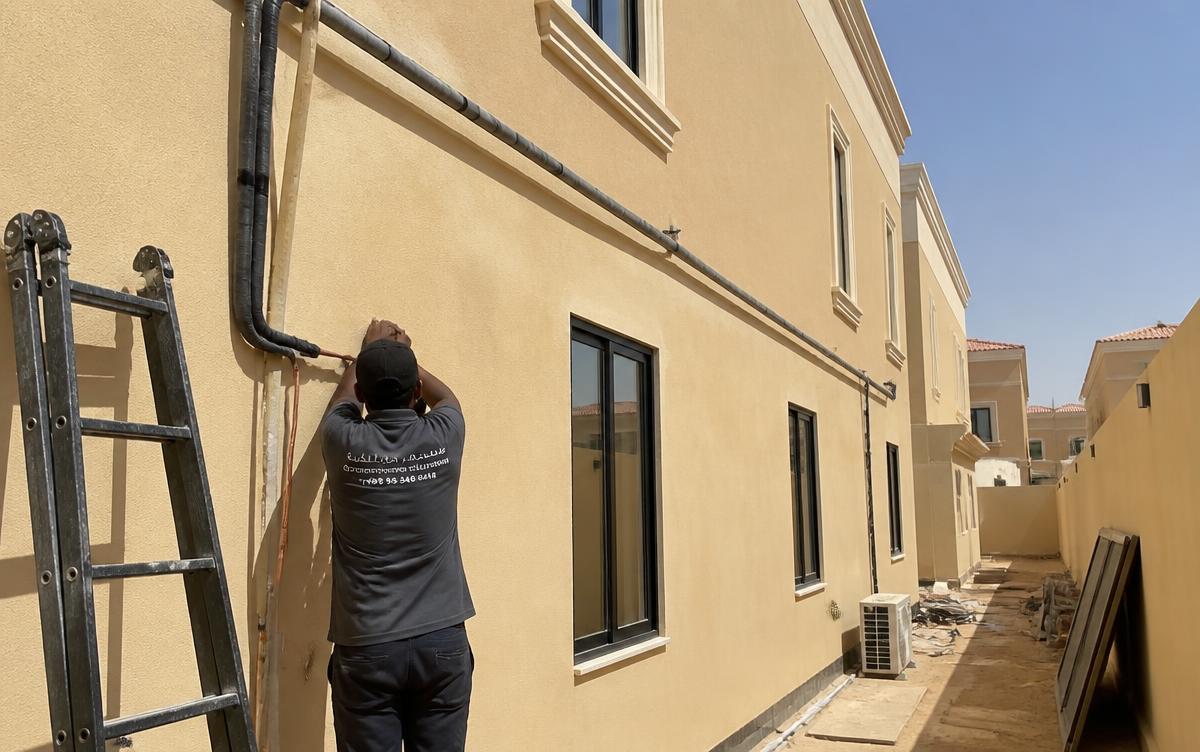 فني شركة الأمانة يمدّد مواسير نحاس معزولة على جدار فيلا في غرب الرياض