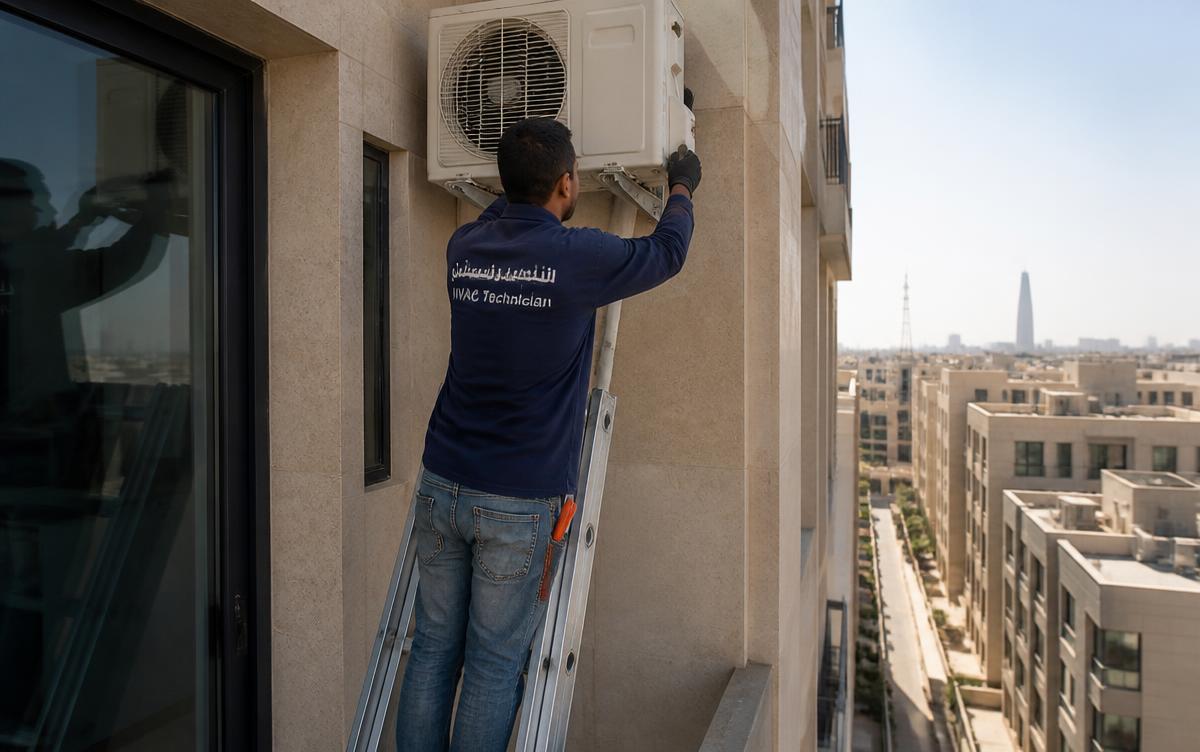 فني شركة الأمانة يثبّت الوحدة الخارجية لمكيف سبليت في بلكونة خدمة بأحد أبراج شمال الرياض
