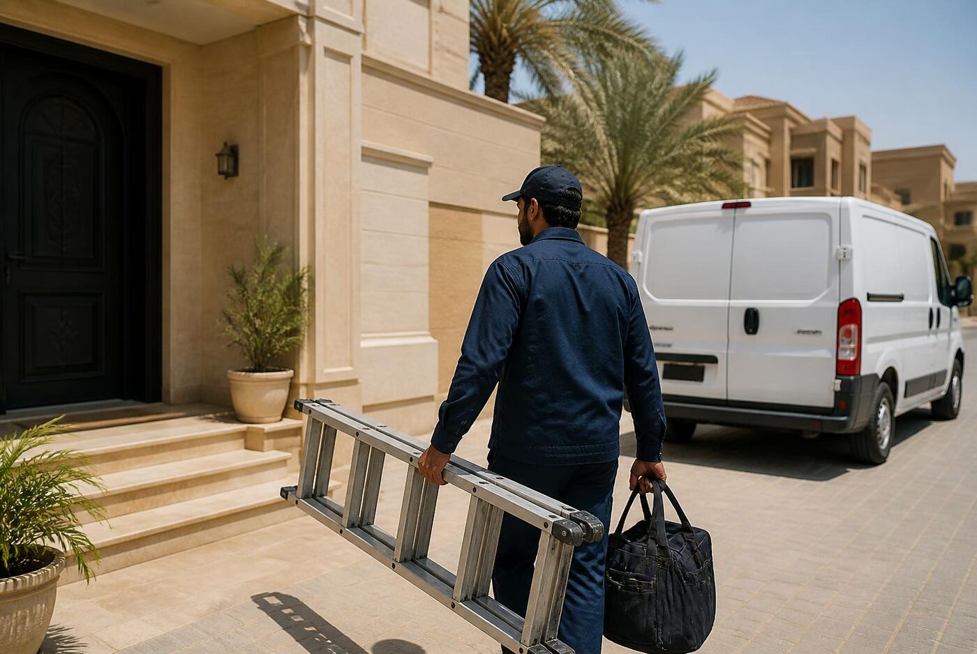 فني فك وتركيب مكيفات بالرياض يصل إلى الفيلا بسيارة الخدمة حاملاً حقيبة الأدوات والسلم