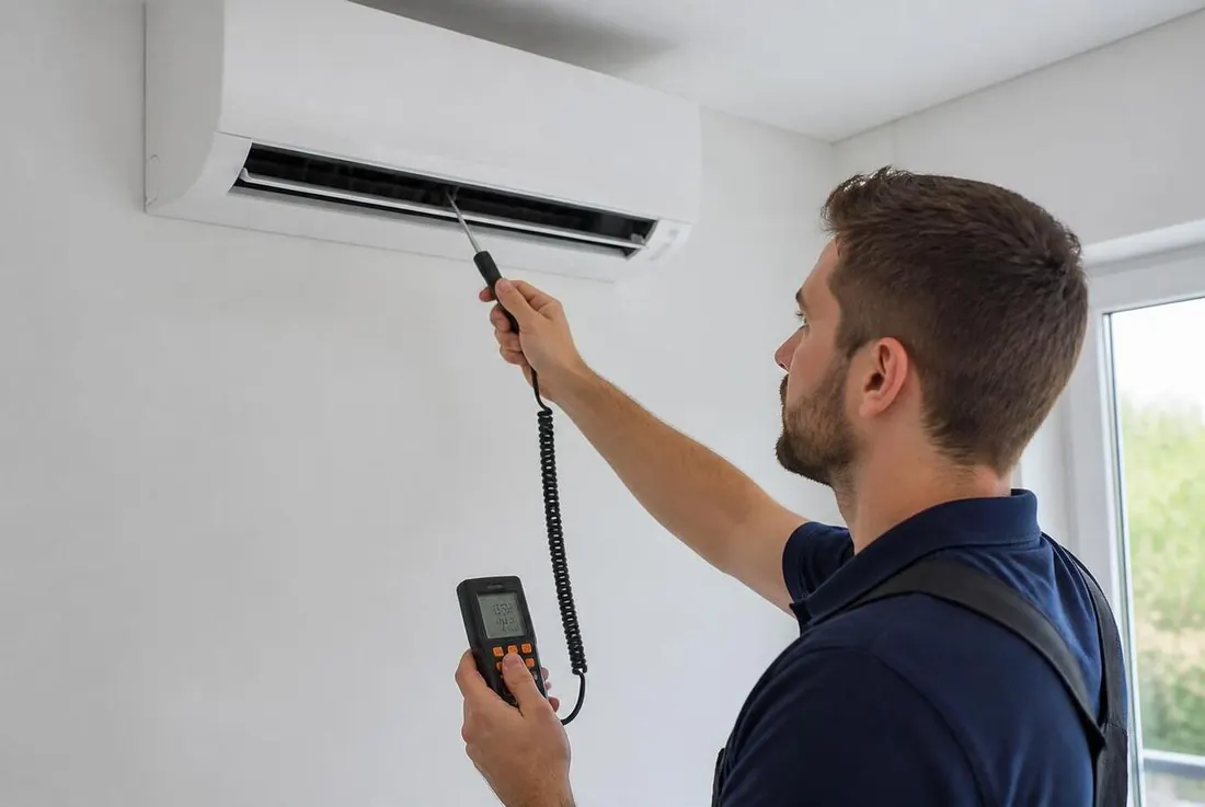 فني يقيس درجة حرارة الهواء الخارج من مكيف سبليت باستخدام ترمومتر رقمي بعد التركيب