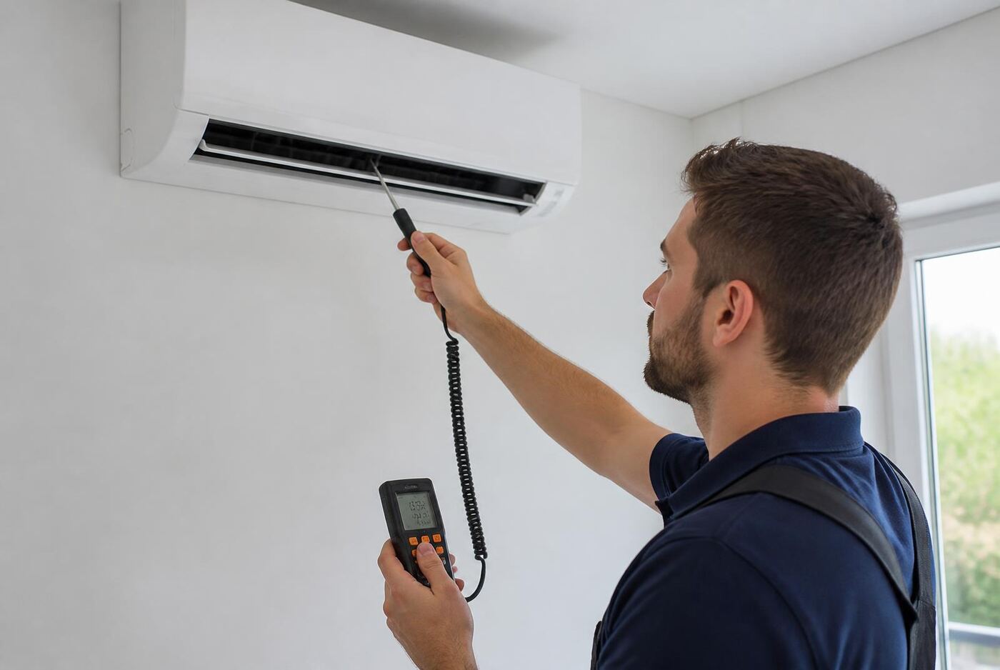 فني يقيس درجة حرارة الهواء الخارج من مكيف سبليت باستخدام ترمومتر رقمي بعد التركيب