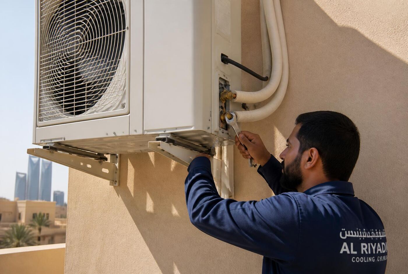 فني يفك الوحدة الخارجية لمكيف سبليت من القاعدة المعدنية على جدار مبنى بالرياض