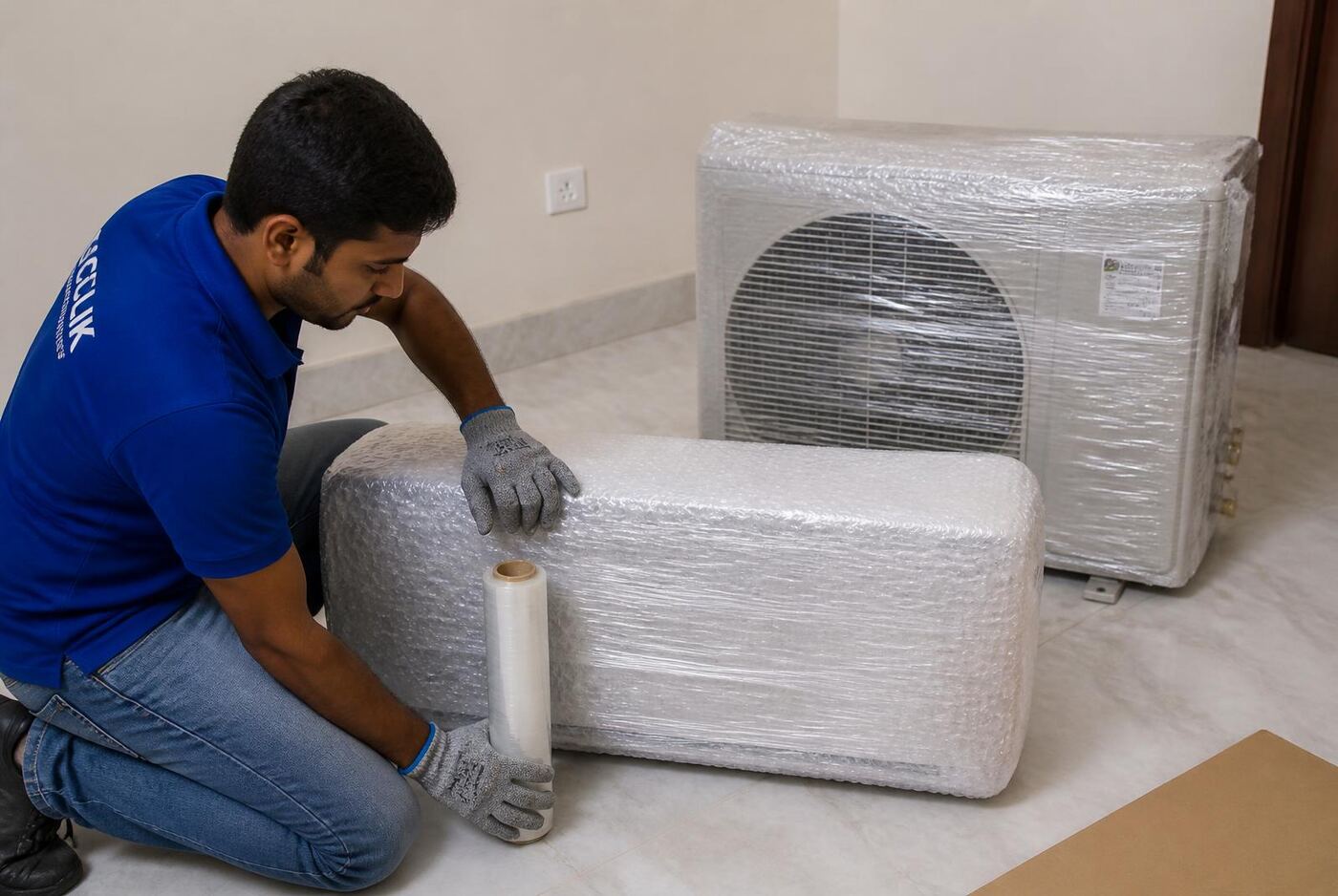 تغليف الوحدة الداخلية والخارجية لمكيف سبليت بالبلاستيك الفقاعي قبل نقل المكيف