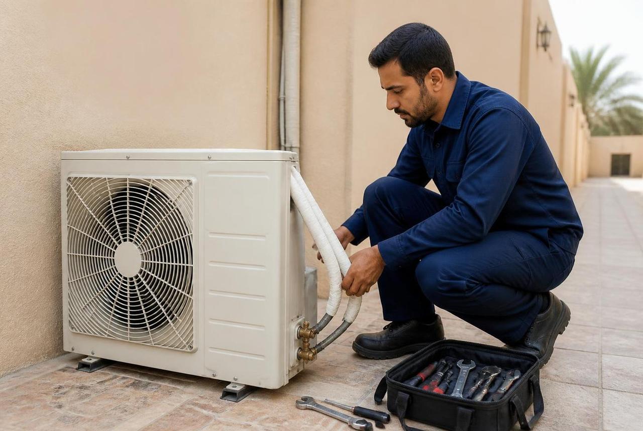 فني يفحص الوحدة الخارجية ومواسير النحاس قبل بدء عملية فك المكيف مع أدوات العمل بجواره