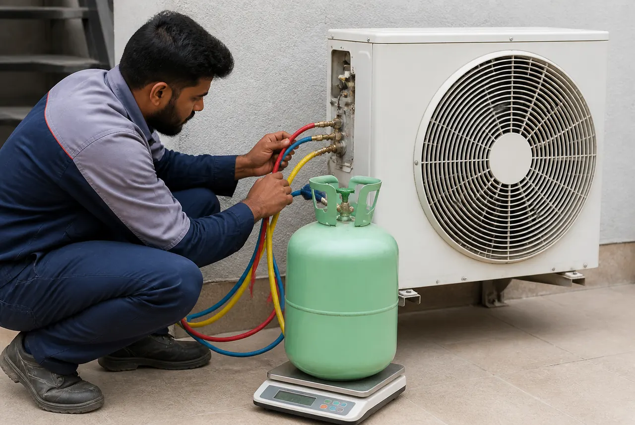 فني يشحن الفريون للوحدة الخارجية من أسطوانة موضوعة على ميزان رقمي بعد التأكد من حاجة الجهاز