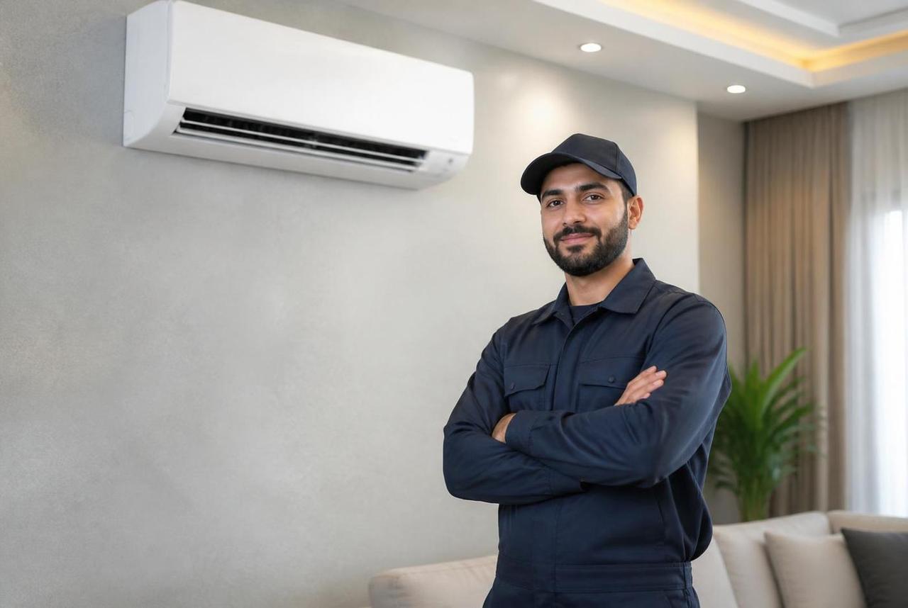 فني بملابس عمل كحلية يقف بجانب مكيف سبليت داخل منزل بالرياض بعد الانتهاء من تركيبه وتشغيله
